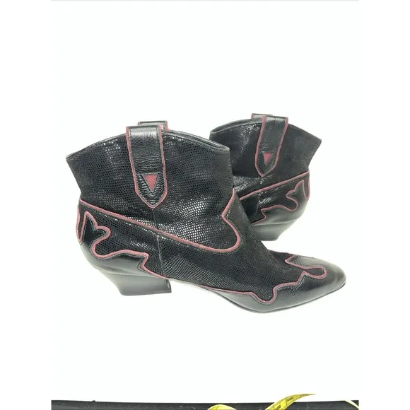 ISOLA 6406001 RETRO Bootie Western Ankle Boots Black Red Leather Cowboy 9.5M