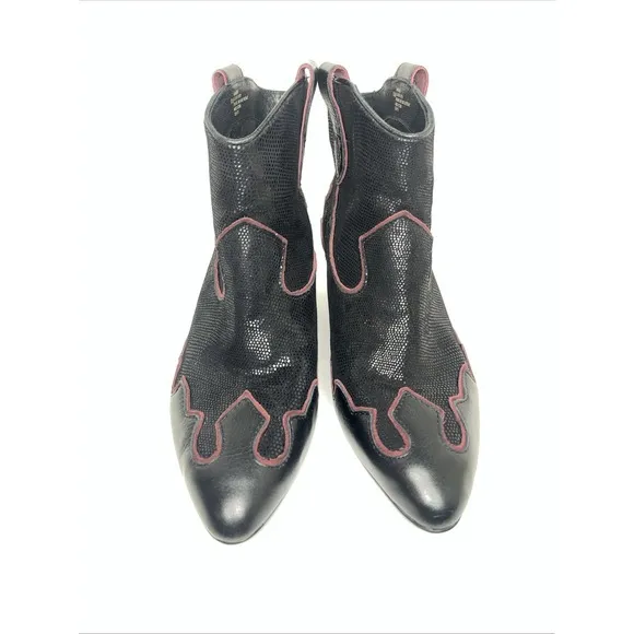 ISOLA 6406001 RETRO Bootie Western Ankle Boots Black Red Leather Cowboy 9.5M