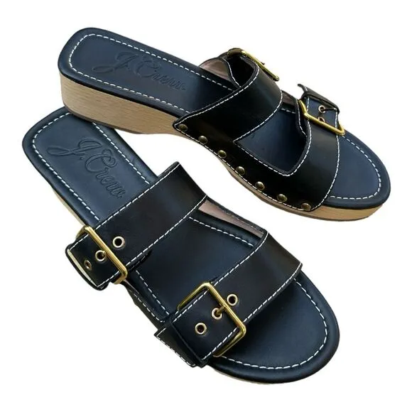 J. Crew Black Leather Adjustable Straps Double Buckle Clog Sandals Size 10 NWOT