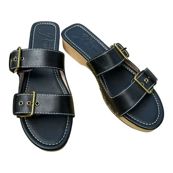 J. Crew Black Leather Adjustable Straps Double Buckle Clog Sandals Size 10 NWOT