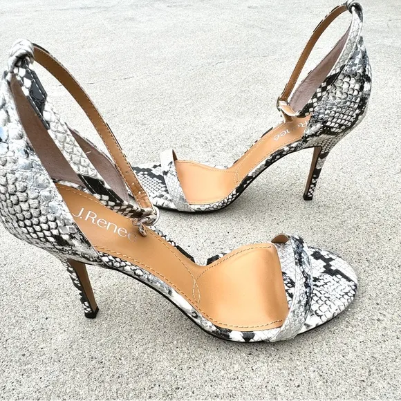 J. RENEE strappy heels white leather Vegan snakeskin print sandals stilettos 13