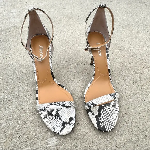 J. RENEE strappy heels white leather Vegan snakeskin print sandals stilettos 13