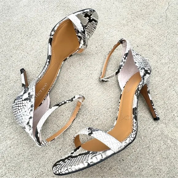 J. RENEE strappy heels white leather Vegan snakeskin print sandals stilettos 13