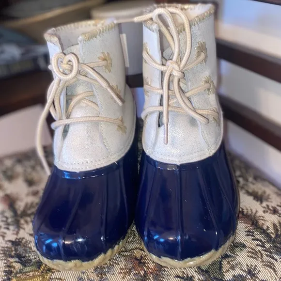 Jack Rogers Chloe Metallic Leather Cuff Duck Boots Midnight Country Club Prep, 7