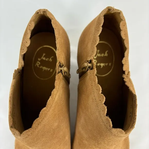 Jack Rogers Marianne Ankle Boots Scalloped Edge Low Rise Suede Boots Oak Size 9