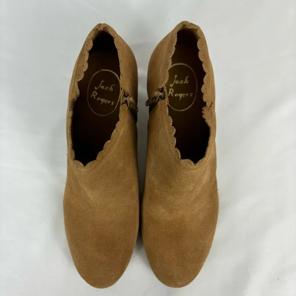 Jack Rogers Marianne Ankle Boots Scalloped Edge Low Rise Suede Boots Oak Size 9