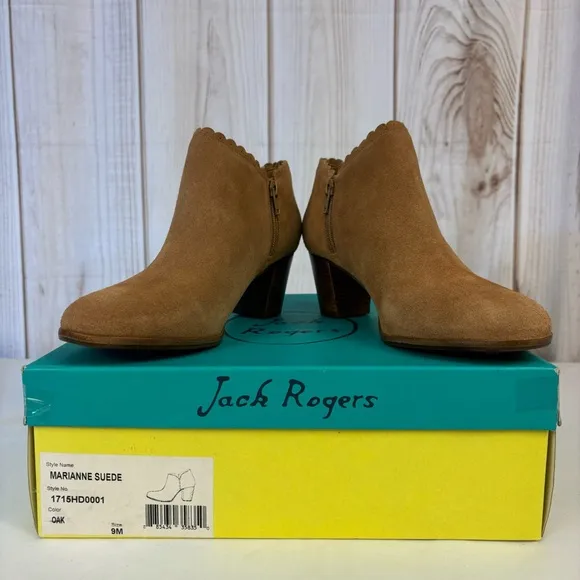 Jack Rogers Marianne Ankle Boots Scalloped Edge Low Rise Suede Boots Oak Size 9