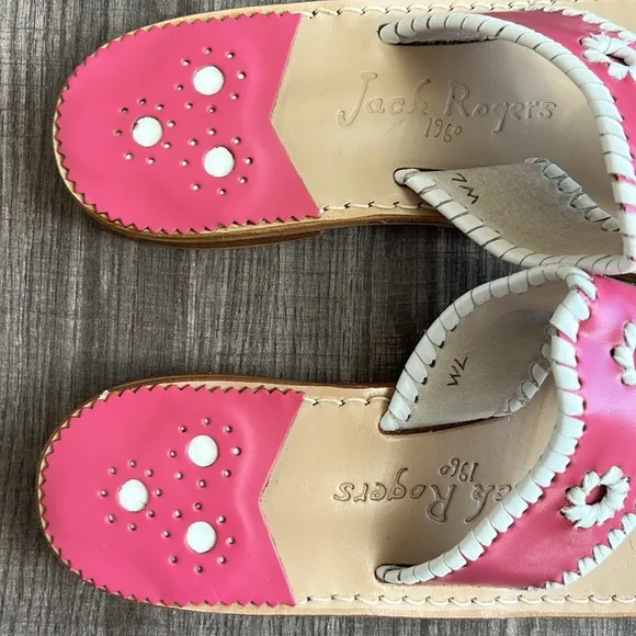 Jack Rogers Pink/Cream Navajo Leather Flat Thong Sandals Whipstitch Barbiecore 7