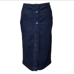 Jaeger Dark Wash Denim Midi Skirt | Button Front High Waist | UK 8 US 6 EUR 36