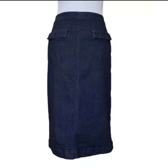 Jaeger Dark Wash Denim Midi Skirt | Button Front High Waist | UK 8 US 6 EUR 36