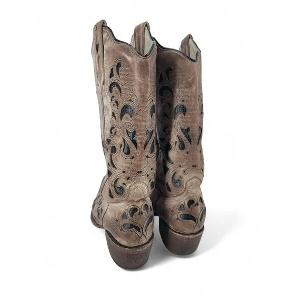 J.B. Dillon Chicory Western Cowgirl Boots Size 6 Leather Embroidered Brown Black