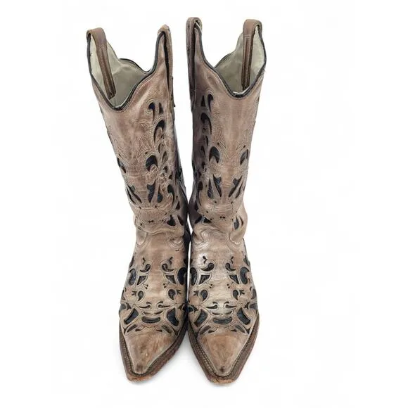 J.B. Dillon Chicory Western Cowgirl Boots Size 6 Leather Embroidered Brown Black