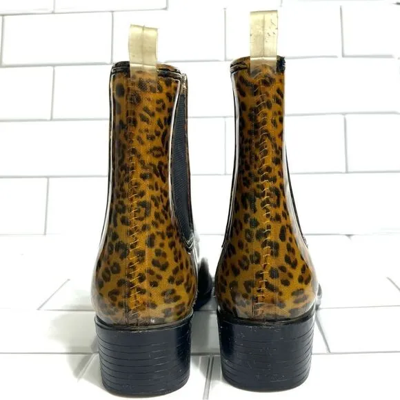 Jeffrey Campbell Rain Boots Leopard Cheetah Print Rubber Chelsea Boots Size 7