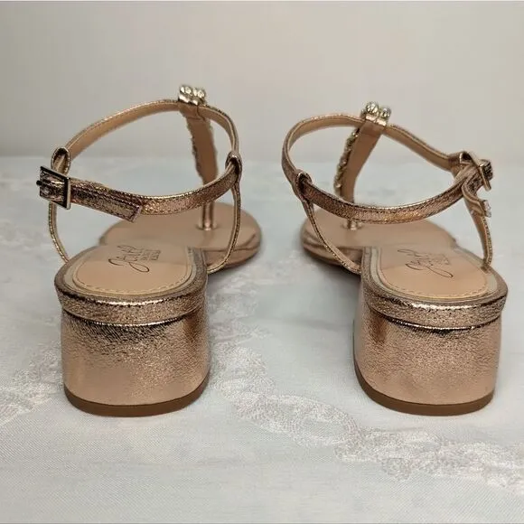 Jewel Badgley Mischka Dasha Block Heel Thong Sandals Roes Gold Champagne Y2K