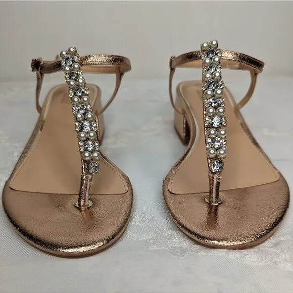 Jewel Badgley Mischka Dasha Block Heel Thong Sandals Roes Gold Champagne Y2K