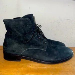 Jo Ghost Hand-crafted Italian Suede Leather Ankle Black Woven Boots Side Zip 44