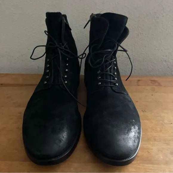 Jo Ghost Hand-crafted Italian Suede Leather Ankle Black Woven Boots Side Zip 44