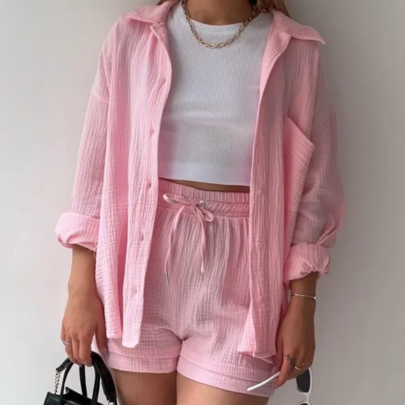 Joanna Button Up Shirt &amp; Shorts Set - Blush