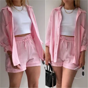 Joanna Button Up Shirt &amp; Shorts Set - Blush
