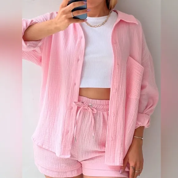 Joanna Button Up Shirt &amp; Shorts Set - Blush