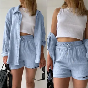 Joanna Button Up Shirt &amp; Shorts Set - Cloud Blue