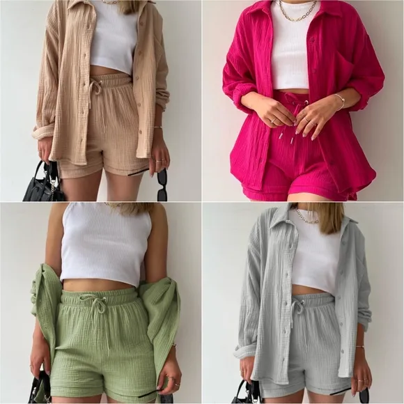 Joanna Button Up Shirt &amp; Shorts Set - Cloud Blue