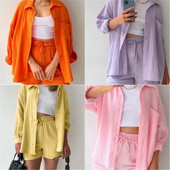Joanna Button Up Shirt &amp; Shorts Set - Cloud Blue