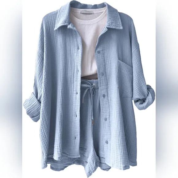 Joanna Button Up Shirt &amp; Shorts Set - Cloud Blue
