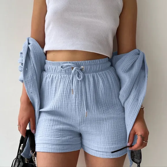 Joanna Button Up Shirt &amp; Shorts Set - Cloud Blue