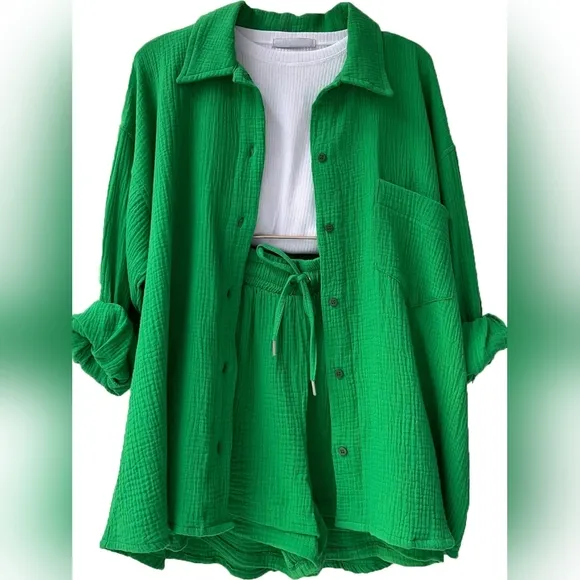 Joanna Button Up Shirt &amp; Shorts Set - Deep Green