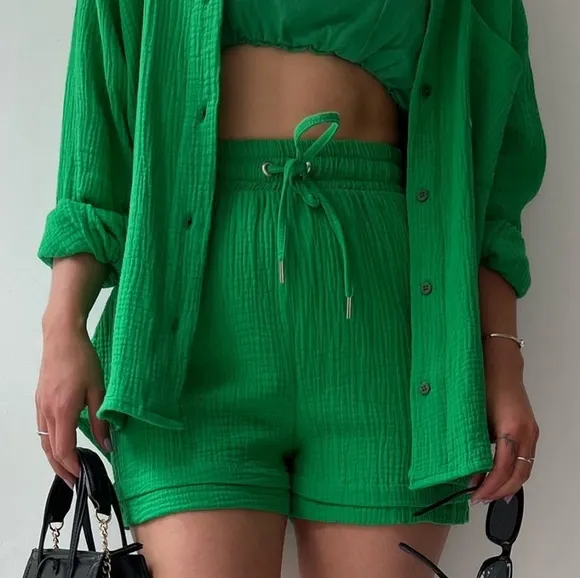 Joanna Button Up Shirt &amp; Shorts Set - Deep Green