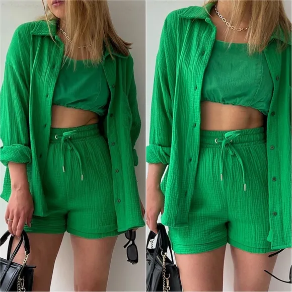 Joanna Button Up Shirt &amp; Shorts Set - Deep Green