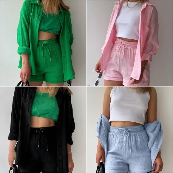 Joanna Button Up Shirt &amp; Shorts Set - Deep Green