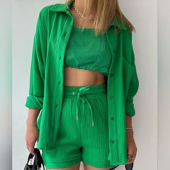 Joanna Button Up Shirt &amp; Shorts Set - Deep Green