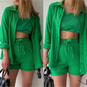 Joanna Button Up Shirt &amp; Shorts Set - Deep Green