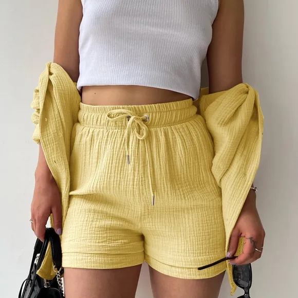 Joanna Button Up Shirt &amp; Shorts Set - Yellow