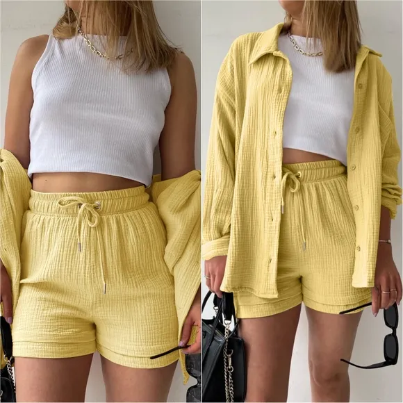 Joanna Button Up Shirt &amp; Shorts Set - Yellow