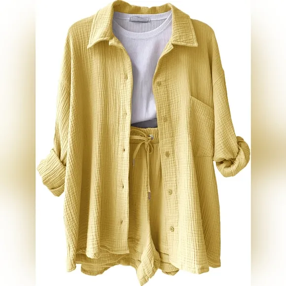Joanna Button Up Shirt &amp; Shorts Set - Yellow