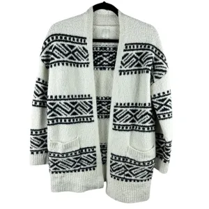 Joie Thick Knit Open Front Cardigan – White with Black Aztec Design Size Medium