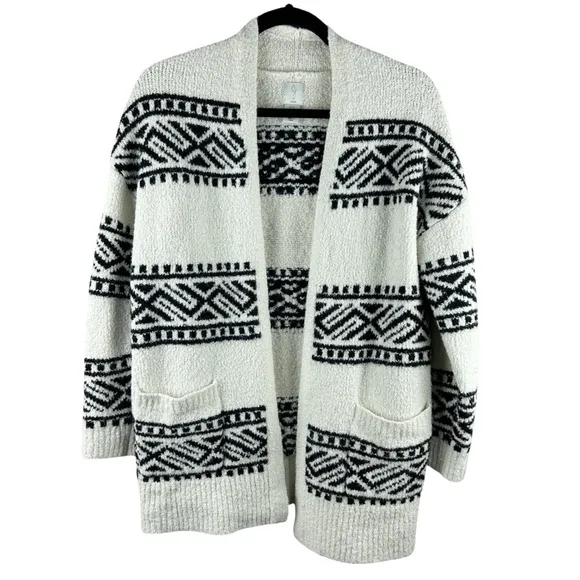 Joie Thick Knit Open Front Cardigan – White with Black Aztec Design Size Medium