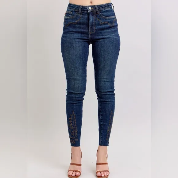Judy Blue Embroidered Skinny High-Rise Stretch Denim Jeans Slim Ankle Pants