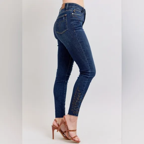 Judy Blue Embroidered Skinny High-Rise Stretch Denim Jeans Slim Ankle Pants