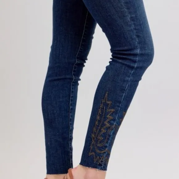 Judy Blue Embroidered Skinny High-Rise Stretch Denim Jeans Slim Ankle Pants
