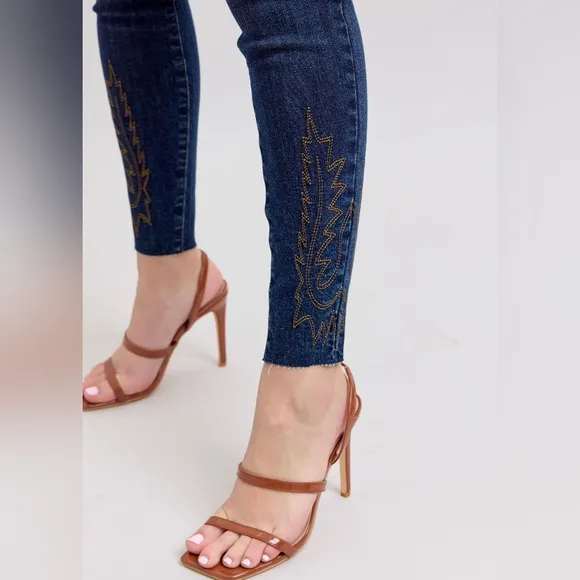 Judy Blue Embroidered Skinny High-Rise Stretch Denim Jeans Slim Ankle Pants