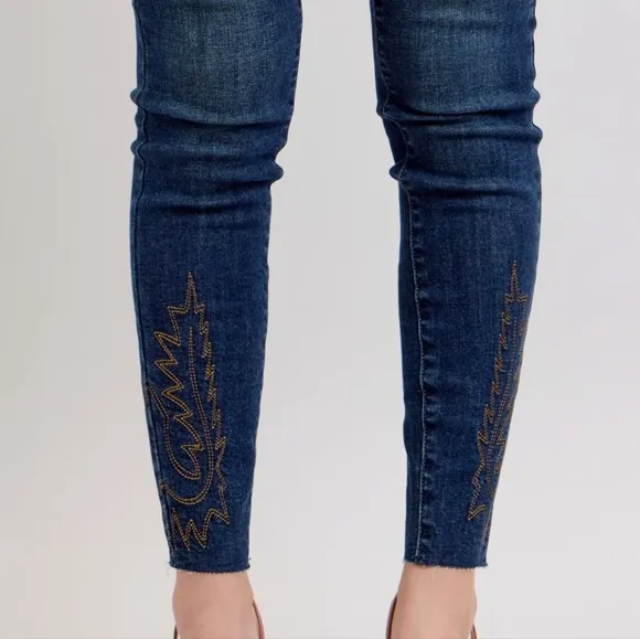 Judy Blue Embroidered Skinny High-Rise Stretch Denim Jeans Slim Ankle Pants