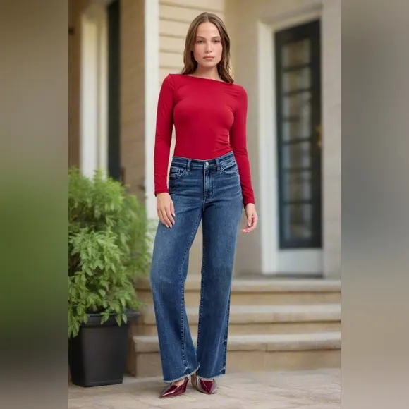 Judy Blue Mid-Rise Straight Leg Boyfriend Relaxed Jeans Raw Hem Denim Pants