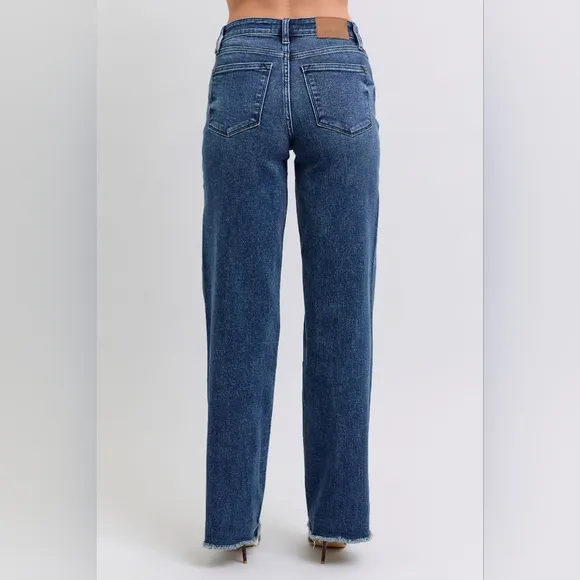 Judy Blue Mid-Rise Straight Leg Boyfriend Relaxed Jeans Raw Hem Denim Pants