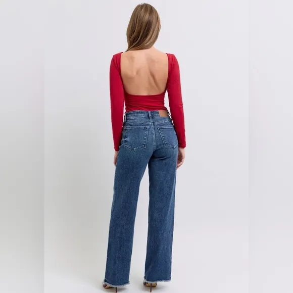 Judy Blue Mid-Rise Straight Leg Boyfriend Relaxed Jeans Raw Hem Denim Pants
