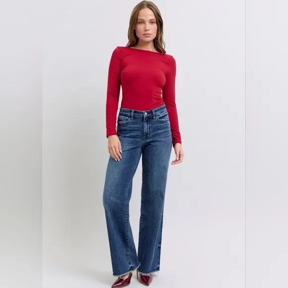 Judy Blue Mid-Rise Straight Leg Boyfriend Relaxed Jeans Raw Hem Denim Pants