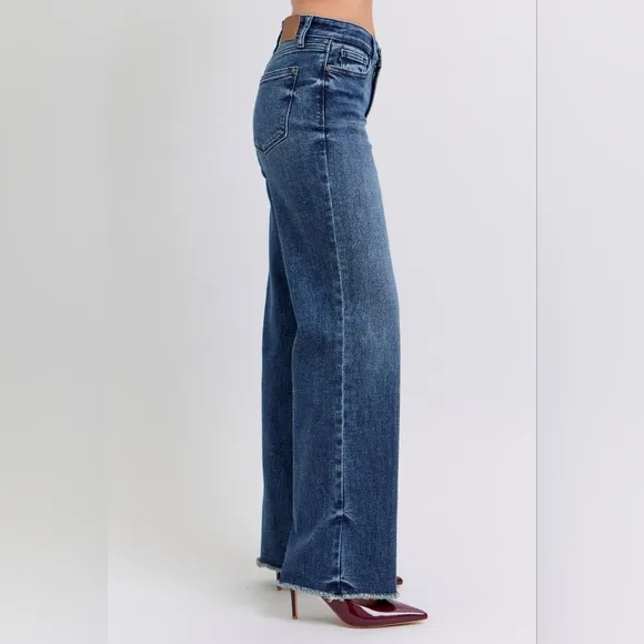 Judy Blue Mid-Rise Straight Leg Boyfriend Relaxed Jeans Raw Hem Denim Pants
